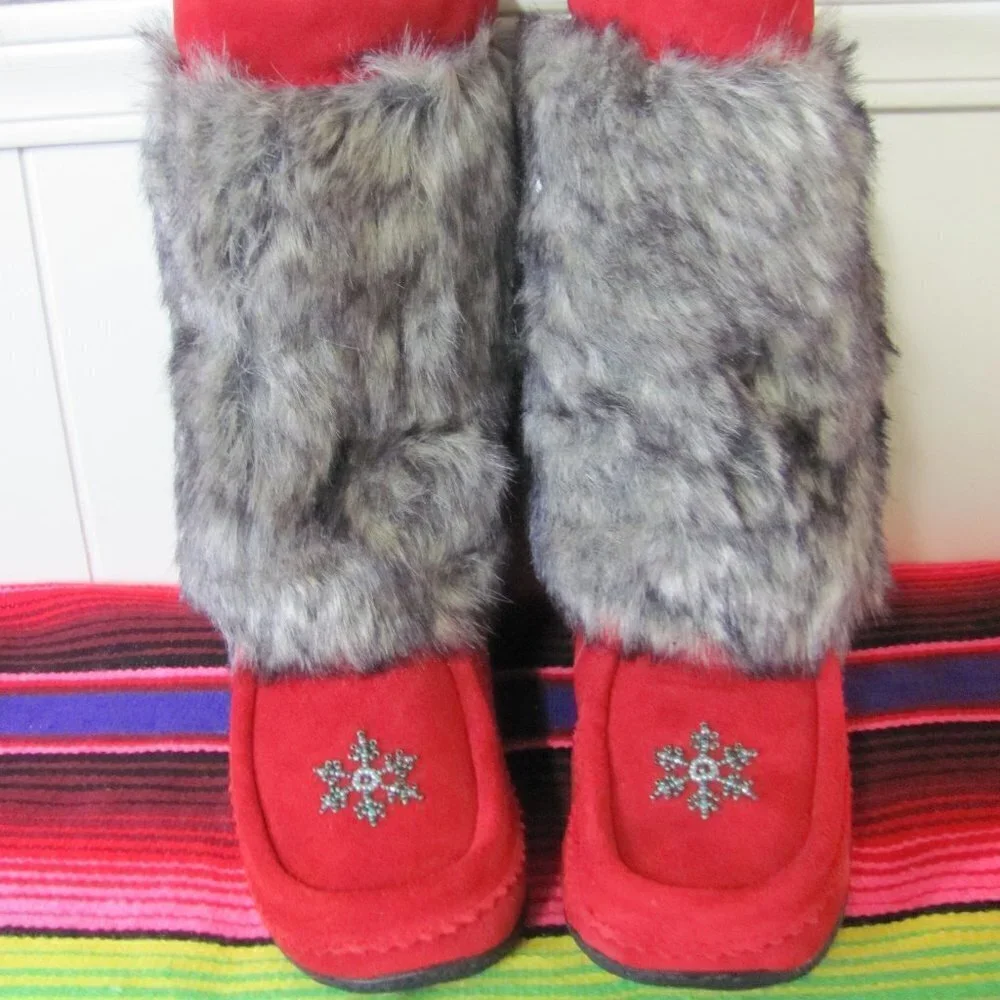BARBO BOOTS LADIES FAUX SUEDE & FAUX FUR BOOT RED & BLACK